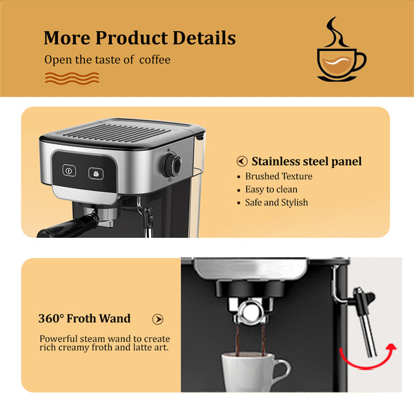 1200W 20 Bar Espresso Coffee Machine Instant Preheat Coffee Maker with Milk Frother Cafetera Cappuccino Hot Water Steam