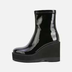Woman‘s Hot Modern Boots Wedges Patent Leather Concise Zip ANKLE Round Toe Sheepskin Martin Boots