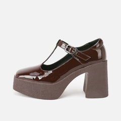 Woman‘s Spring Mary Janes Shoes Genuine Leather Platform Pumps Square Heel Shallow Buckle Strap Lady Footwear