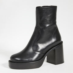 Woman‘s Ankle Boots Black  Leather Round Toe Zipper 9cm High Heels Platform Footwear Elegant Handmade Shoes