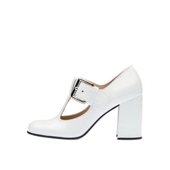 Woman‘s Mary Janes Shoes Genuine Leather Square Heel Buckle Round Toe Shallow Pumps White Lady Footwear