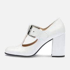Woman‘s Mary Janes Shoes Genuine Leather Square Heel Buckle Round Toe Shallow Pumps White Lady Footwear