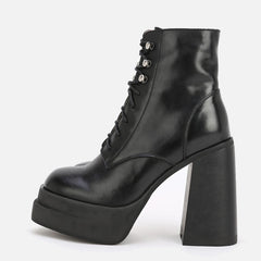 Woman‘s Ankel Boots Cross-tied Punk Female Platform Boots Square 12CM Super High Heels Genuine Leather Motorcycle Boots