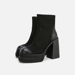 Woman‘s ANKLE Boots Super High Heel Black Genuine Leather Punk ZIP 12CM Square Heel Martin Boots Platform Modern Boots