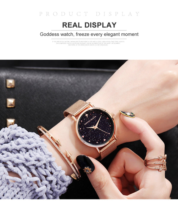 Japan Quartz Movement Stainless Steel Mesh Band Watch  Golden Ladies Wristwatches Flash Night Stars Face New Watches For Women