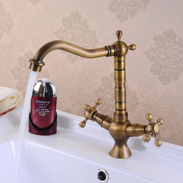 Kitchen Faucet Antique Bronze Brass Kitchen Sink Faucet Double Handle 360 Rotation Tall Spout Cold Hot Water Mixer