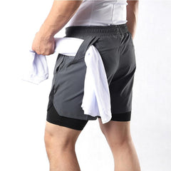 Men Running Shorts 2 in 1 with Multi-Pocket Fitness Training Exercise Jogging Workout Gym Sports Short Pants