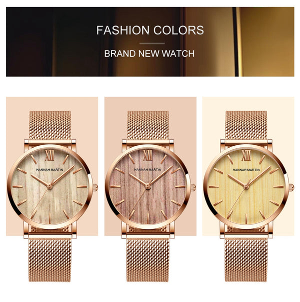 Arrival  Japan Quartz Movement Wood grain Walnut Fashion Stainless Steel Mesh Band Waterproof Women Wrist watches