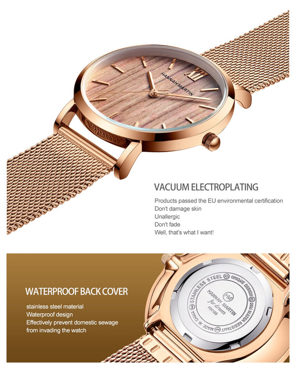 Arrival  Japan Quartz Movement Wood grain Walnut Fashion Stainless Steel Mesh Band Waterproof Women Wrist watches