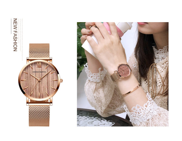 Arrival  Japan Quartz Movement Wood grain Walnut Fashion Stainless Steel Mesh Band Waterproof Women Wrist watches