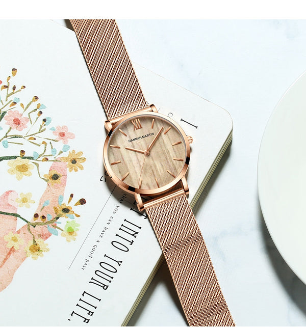 Arrival  Japan Quartz Movement Wood grain Walnut Fashion Stainless Steel Mesh Band Waterproof Women Wrist watches