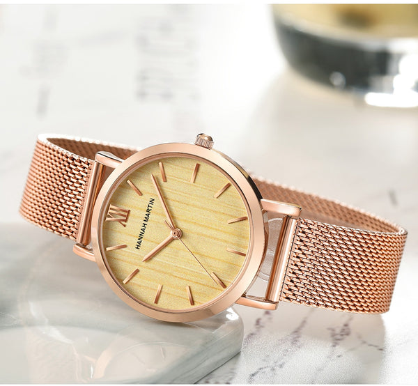 Arrival  Japan Quartz Movement Wood grain Walnut Fashion Stainless Steel Mesh Band Waterproof Women Wrist watches