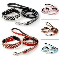 Padded Leather Studded Spiked Dog Collar & Leash Set For S M L Dogs