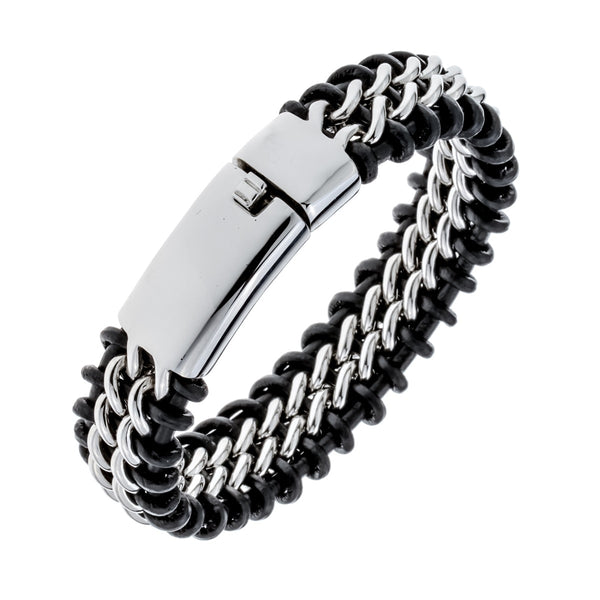 Mens black leather stainless steel hiphop bracelet gold silver color jewelry birthday gifts for dad him boyfriend kids 8.5
