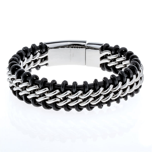 Mens black leather stainless steel hiphop bracelet gold silver color jewelry birthday gifts for dad him boyfriend kids 8.5