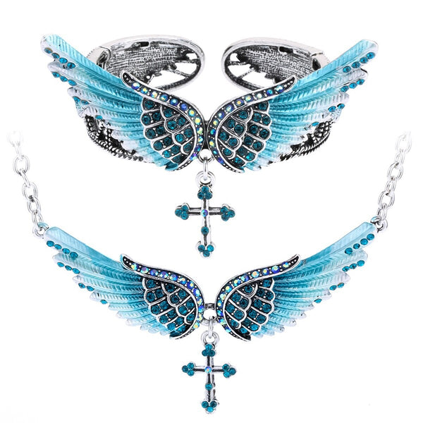 Angel wing cross necklace bracelet sets women biker jewelry birthday gifts women her girlfriend wife mom dropshipping NBNC01 | Vimost Shop.