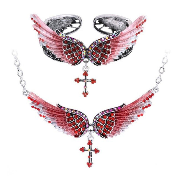 Angel wing cross necklace bracelet sets women biker jewelry birthday gifts women her girlfriend wife mom dropshipping NBNC01 | Vimost Shop.