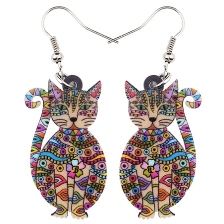 Statement Acrylic Floral Cat Kitten Earrings Big Long Drop Dangle Fashion Animal Jewelry For Girls Women Lady Accessories | Vimost Shop.
