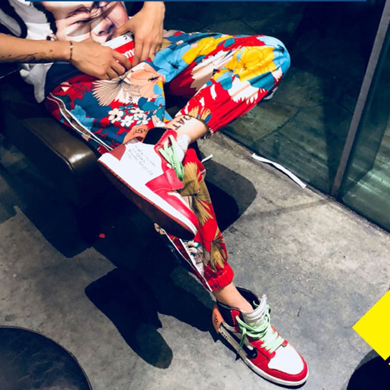 Men Floral Printed Pants Track Pants Straight Elastic Waist Fashion High Steet Joggers Sweatpants | Vimost Shop.