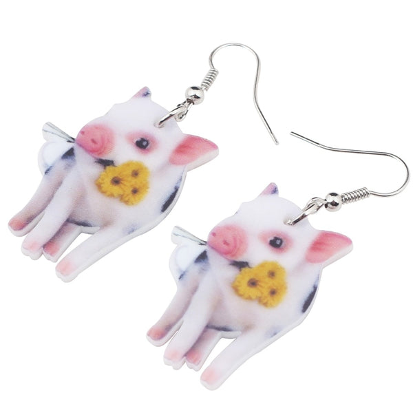 Acrylic Flower Pink Pig Piggy Earrings Big Long Dangle Drop Cute Animal Jewelry For Girls Women Ladies Teens Accessories | Vimost Shop.