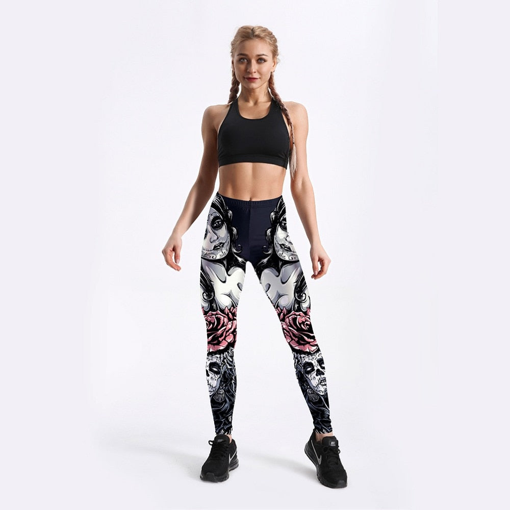 New Arrival Women Leggings Sexy Girl With Roses Printed Leggings Gothic Fitness Workout Leggings Mid Waist Pants | Vimost Shop.