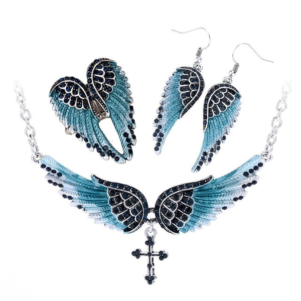 Angel Wing Cross Necklace Earrings Ring Sets Women Biker Bling Jewelry Birthday Gifts for Her Mom Girlfriend Dropshipping | Vimost Shop.