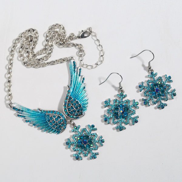 Snowflake Wing Necklace Earrings Sets Blue White Christmas Holidays Ornaments Gifts for Women Girls Crystal Fashion Jewelry | Vimost Shop.