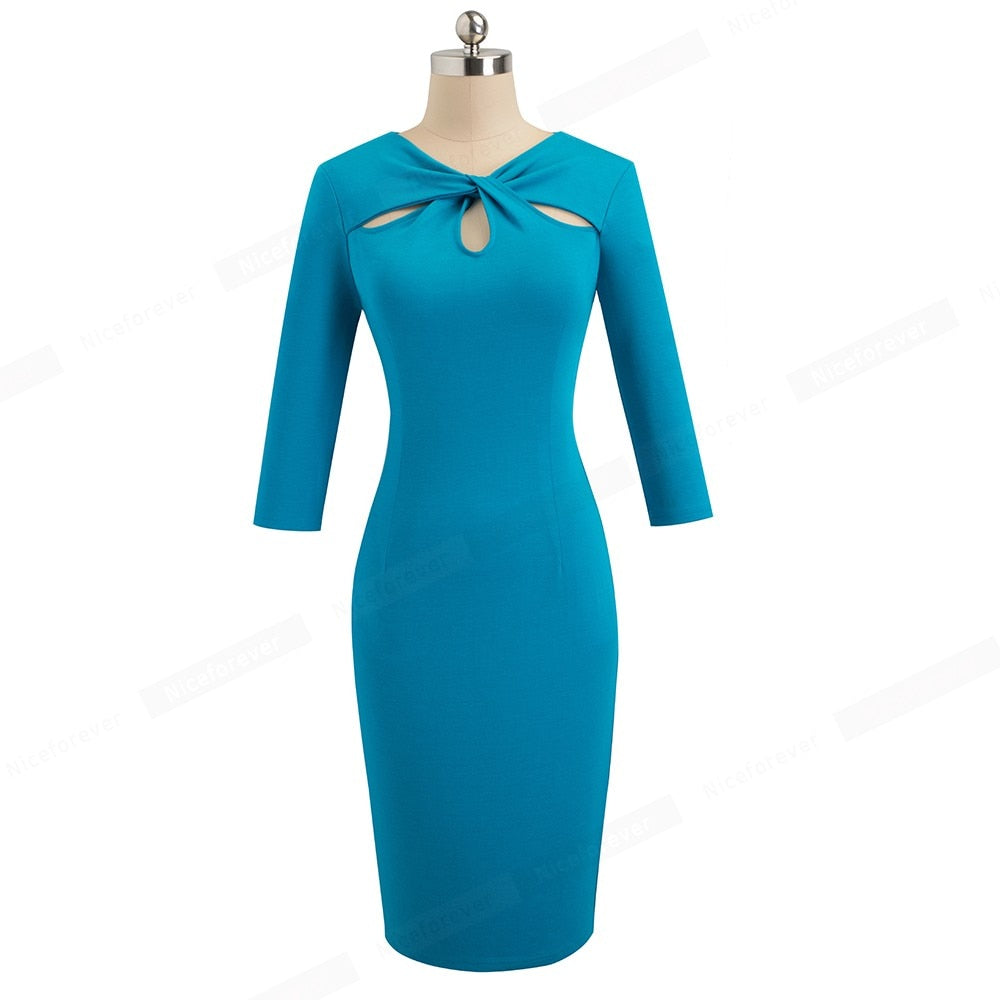 Vintage Elegant Solid Pure Color Hollow Out vestidos Business Party Bodycon Office Work Women Dress | Vimost Shop.