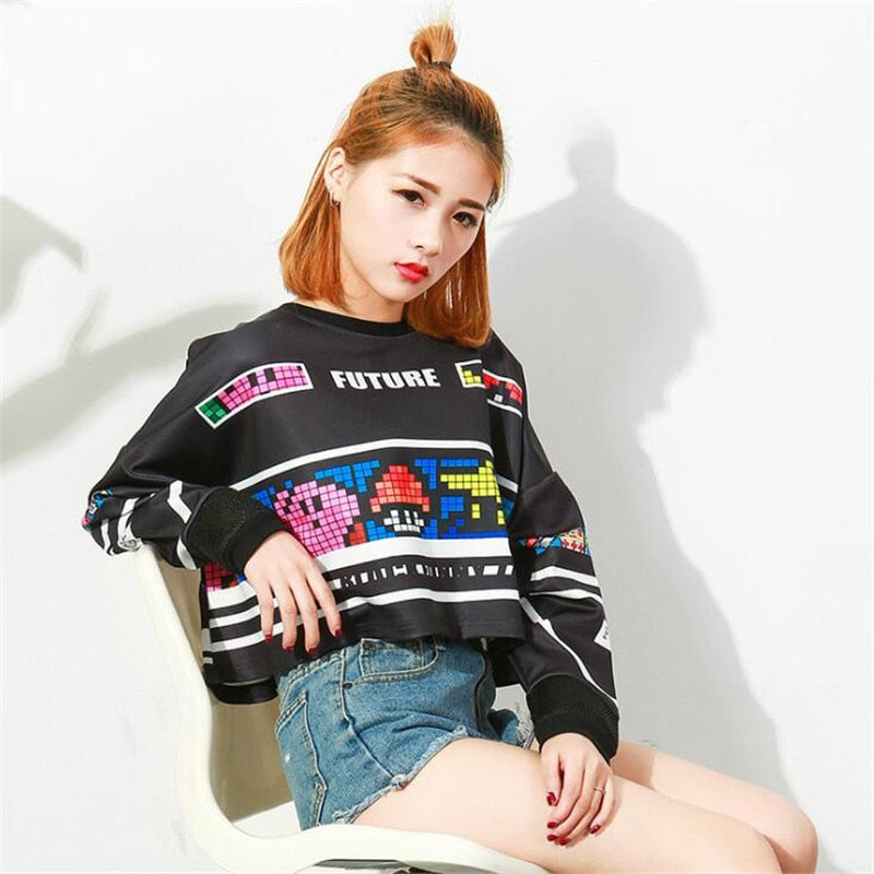 Long Sleeve Hollow Out Patchwork Printed Sweatshirt | Vimost Shop.