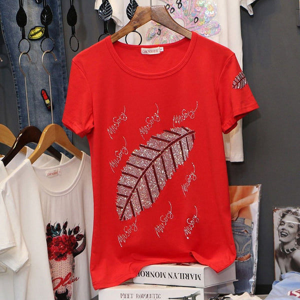 Hot Drilling T Shirt Short Sleeve Cotton Summer T-Shirts Women O-Neck Casual Tops Tees | Vimost Shop.