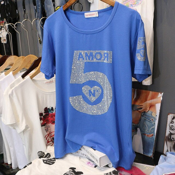 Hot Drilling T Shirt Short Sleeve Cotton Summer T-Shirts Women O-Neck Casual Tops Tees | Vimost Shop.