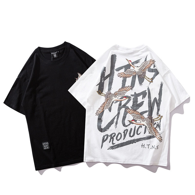 Japanese Style Crane Printed Cotton T Shirts 2019 Harajuku Mens Summer Oversize Graffiti Tops &amp; Tees | Vimost Shop.