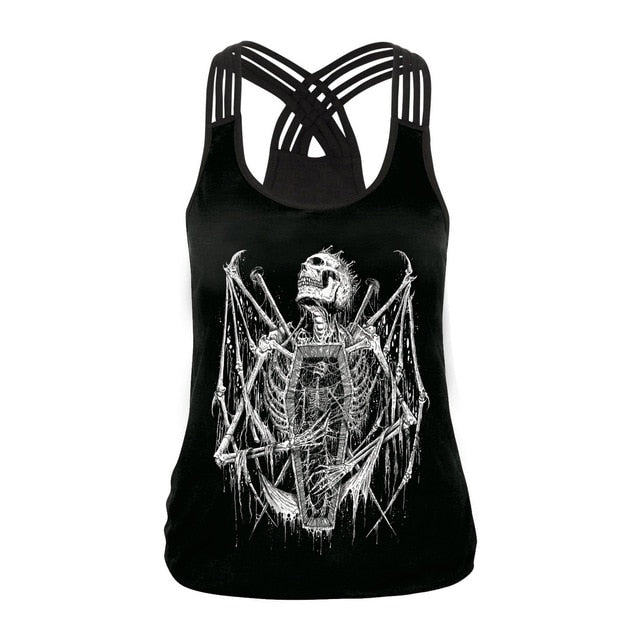 Fashion Halloween Sugar Skull Rose Girl Tank Top for Women Gothic Style Back Cross Sleeveless Vest | Vimost Shop.