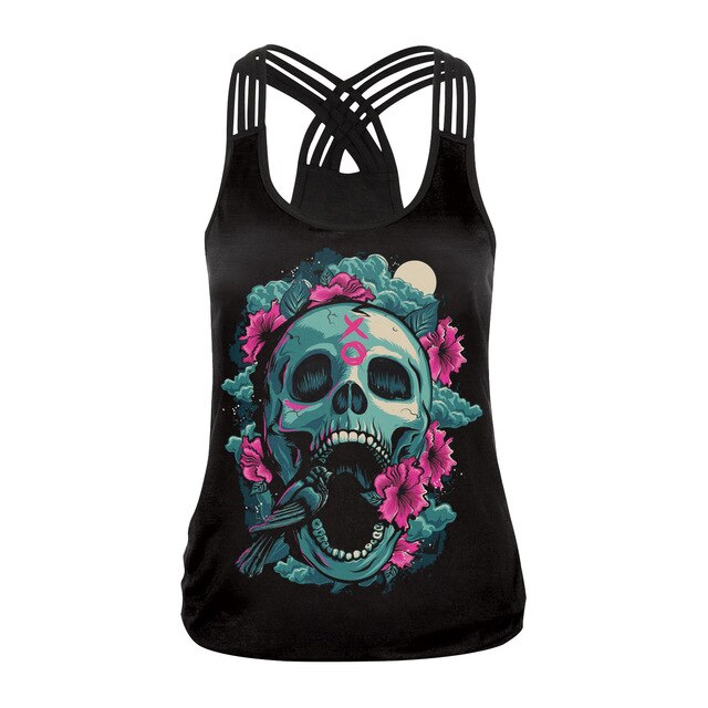 Fashion Halloween Sugar Skull Rose Girl Tank Top for Women Gothic Style Back Cross Sleeveless Vest | Vimost Shop.