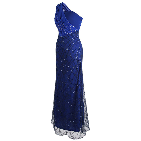 Women's One Shoulder Evening Dresses Pleat Beading Sequin Mermaid Party Gown Blue | Vimost Shop.