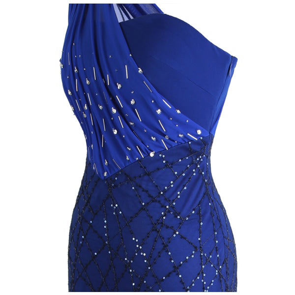 Women's One Shoulder Evening Dresses Pleat Beading Sequin Mermaid Party Gown Blue | Vimost Shop.