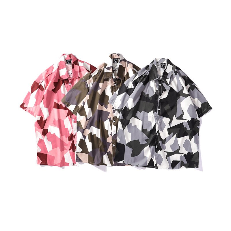 Mens Streetwear Geometry Short Sleeve Shirts Harajuku Hawaiian Pink Grey Shirt Hip Hop Casual Loose Shirt | Vimost Shop.