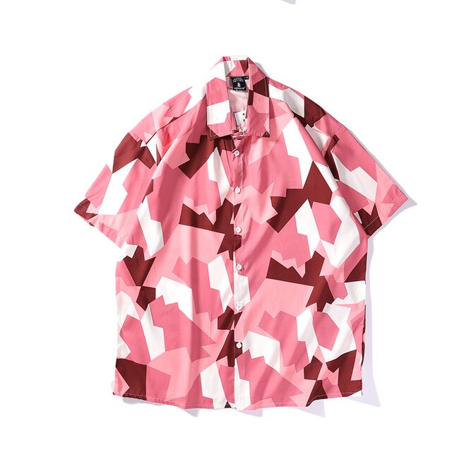 Mens Streetwear Geometry Short Sleeve Shirts Harajuku Hawaiian Pink Grey Shirt Hip Hop Casual Loose Shirt | Vimost Shop.