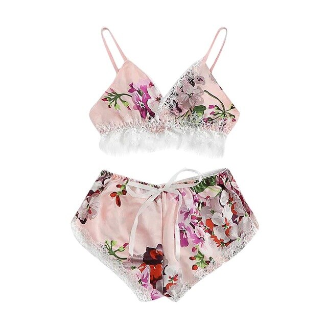2pc Fashion Sexy Lace Satin Trim Floral Bow Lingerie Set Lace Underwear Pajamas Babydoll Sleepwear Backless Seamless Sleepwear | Vimost Shop.