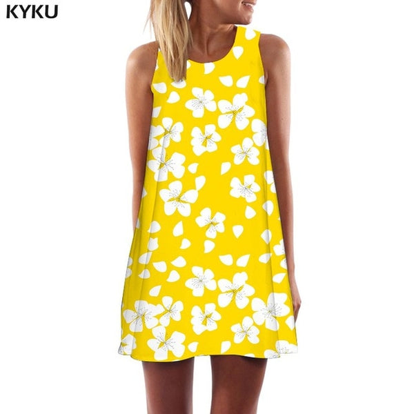 Flower Dress Women Harajuku Tank Art Beach Graffiti Vestido Sexy Yellow Korean Style Womens Clothing Summer Ladies | Vimost Shop.