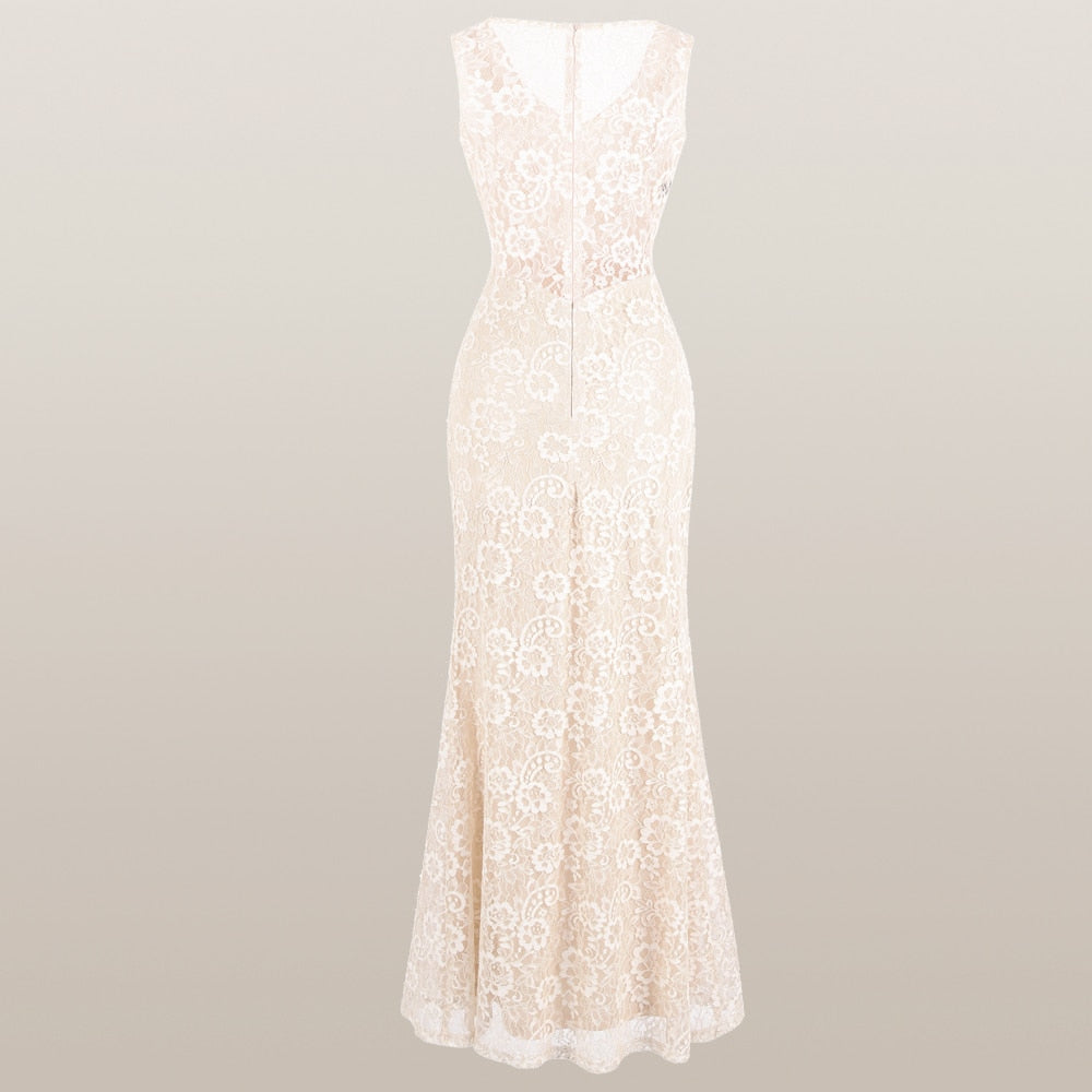 Women's V Neck Lace Evening Dress Pleated Ribbon Mermaid Party Gown Apricot | Vimost Shop.