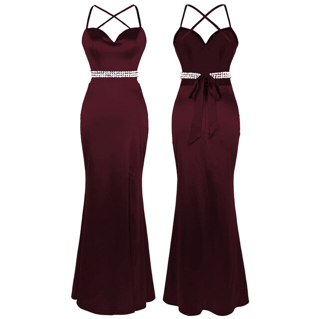 Women's Spaghetti Strap Hollow Out Beading Evening Dresses Backless Luxury Birthday Party Gown Wine Red | Vimost Shop.