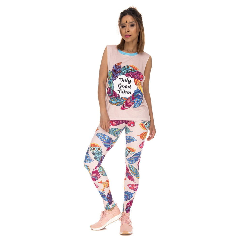 Women Legins Feathers Vibes Printing Blue Sexy Slim Legging Woman High Waist Leggings | Vimost Shop.