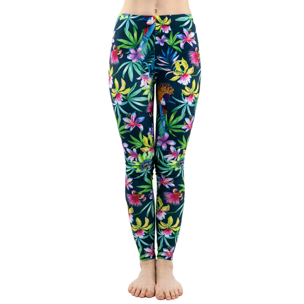 Fashion Women Trend Green Floral Leaf Flower Pattern Leggings Sexy Elasticity Fitness Slim Bottoms Workout Pants | Vimost Shop.