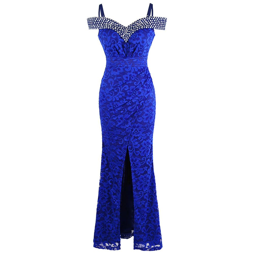 Women's Beading Boat Neck Lace Pleated Party Gown Slit Long Formal Mermaid Evening Dresses | Vimost Shop.