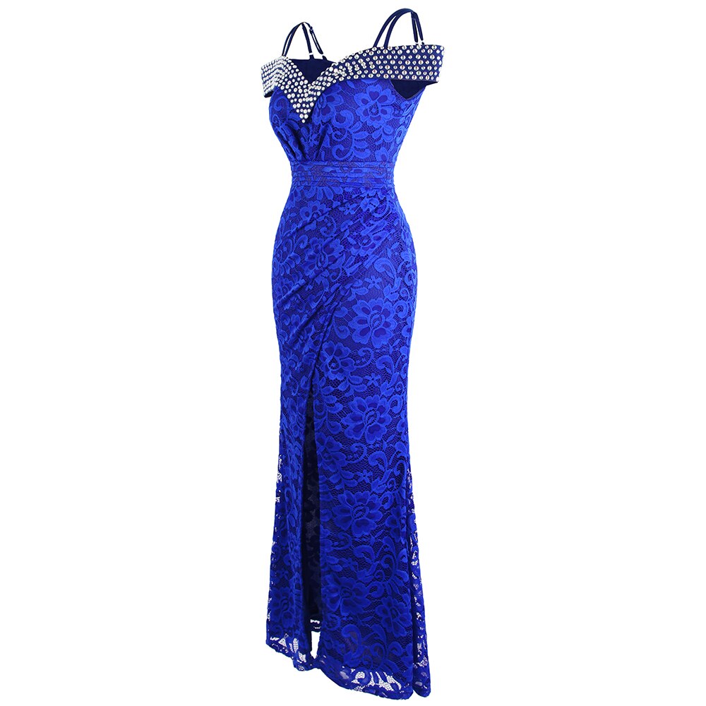 Women's Beading Boat Neck Lace Pleated Party Gown Slit Long Formal Mermaid Evening Dresses | Vimost Shop.