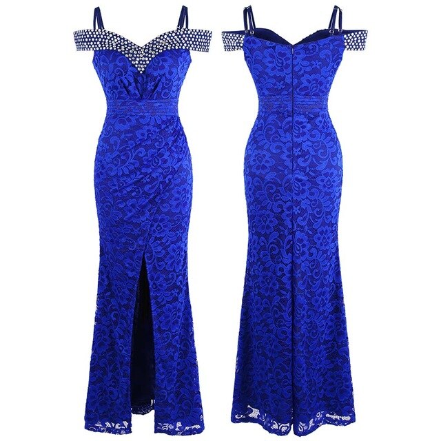 Women's Beading Boat Neck Lace Pleated Party Gown Slit Long Formal Mermaid Evening Dresses | Vimost Shop.