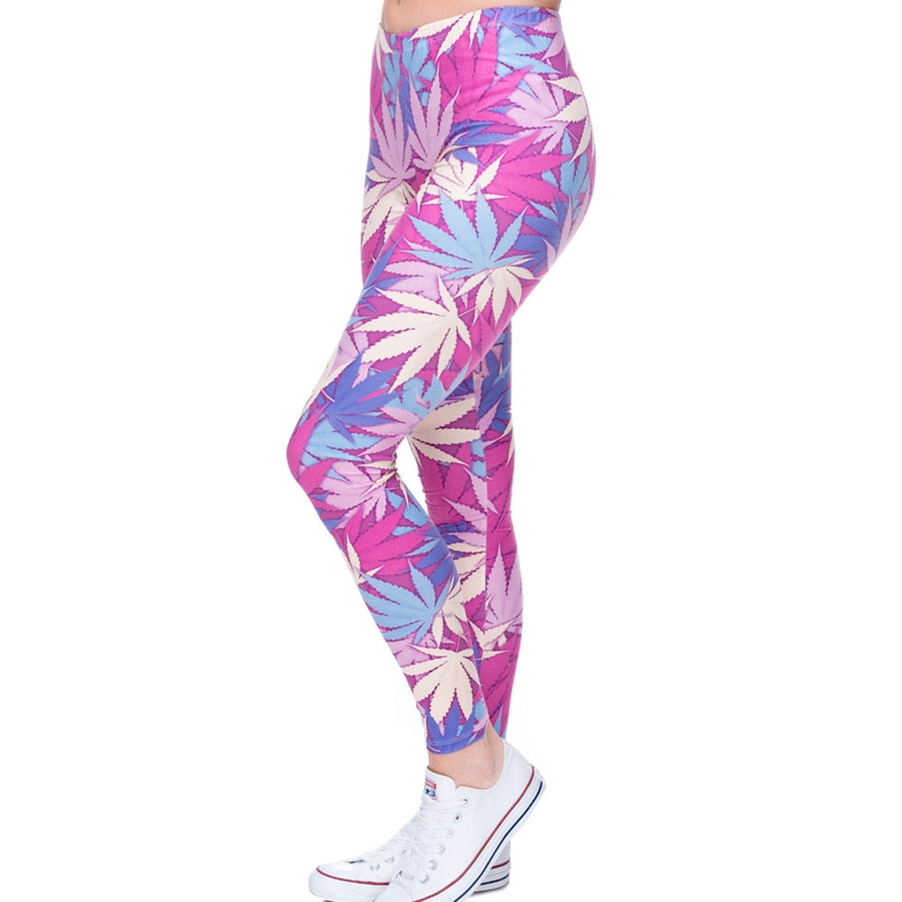 Women Weeds Print Pink Fitness Legging Silm Stretch Leggins High Waist Legins Trouser Casual Pants | Vimost Shop.