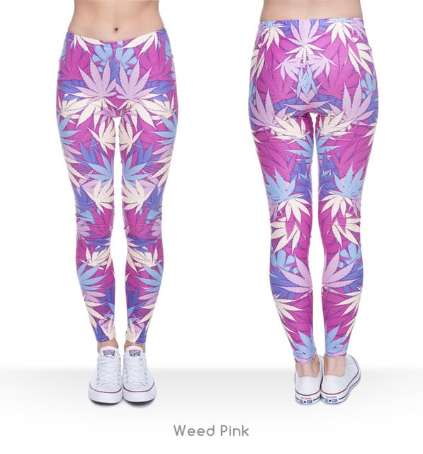 Women Weeds Print Pink Fitness Legging Silm Stretch Leggins High Waist Legins Trouser Casual Pants | Vimost Shop.
