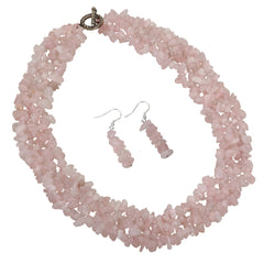 Rose Quartz 925 Sterling Silver Wide Layers Choker Necklace Dangle Drop Earrings Jewelry Set Gifts for Women Mom Teen Girl